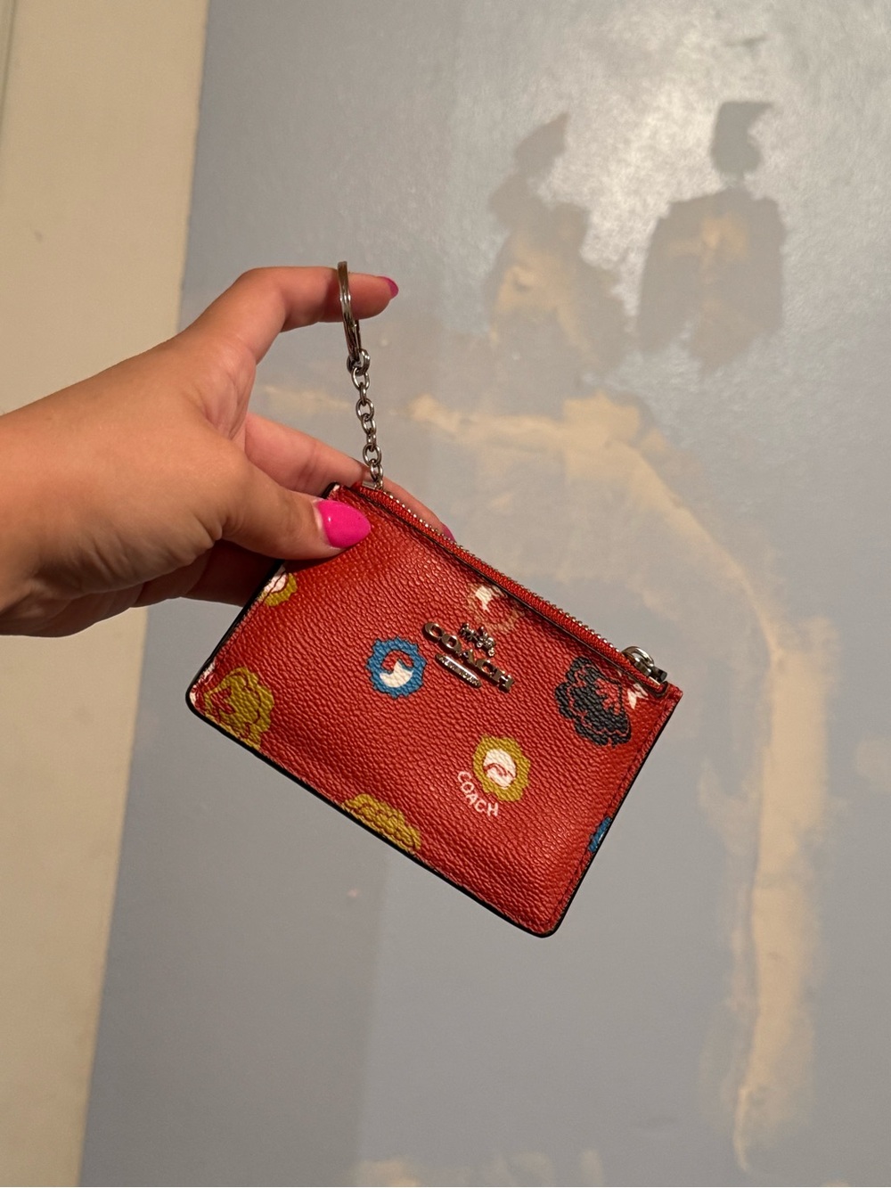 Coach Red Floral Zip Card Case Keyring - Picture 8 of 11